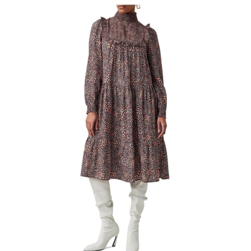 French Connection Women’s Faith Tiered Midi High Neck Ruffle New Dress size 10